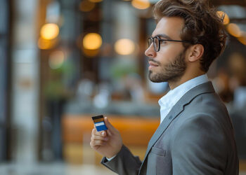 A man in a gray suit and glasses holds a Corporate Card while standing in a modern, well-lit indoor space with blurred lights and people in the background. | FintechZoom