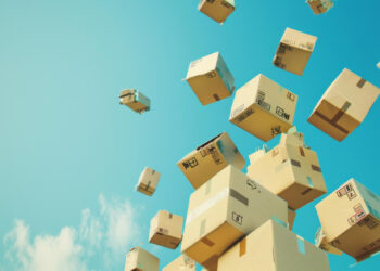 Cardboard boxes of various sizes are falling from the sky against a bright blue backdrop with scattered clouds, evoking a sense of dropshipping as each box—open or sealed—features shipping labels and markings. | FintechZoom
