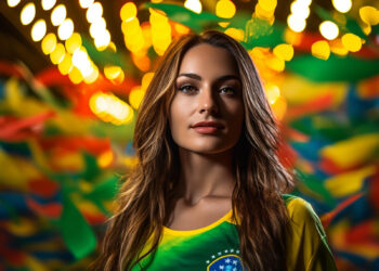 A woman with long hair wearing a Brazil soccer jersey stands in front of colorful, blurred lights and festive flags, creating a celebratory atmosphere. | FintechZoom