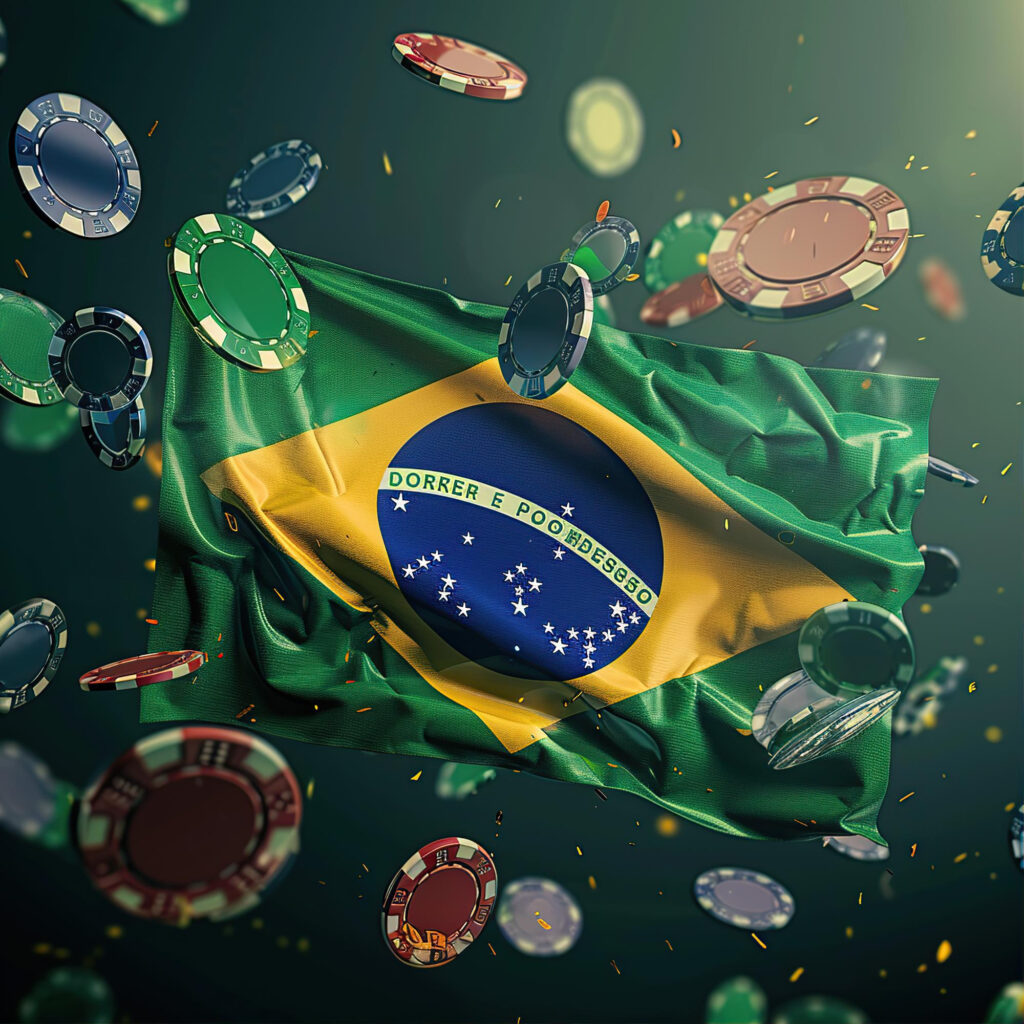 A Brazilian flag floats surrounded by flying casino poker chips of various colors, set against a dark, dynamic background. | FintechZoom