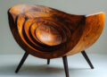 A sculptural wooden chair with concentric circular patterns carved into the seat and back, featuring rich wood grain and four angled legs, against a plain light background. | FintechZoom