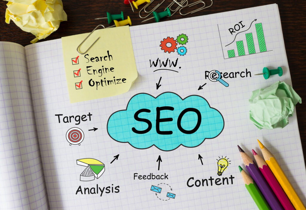 An open notebook displays a colorful diagram of SEO with related terms like search, engine, optimize, target, analysis, feedback, content, ROI, and research, surrounded by pencils, paperclips, and crumpled paper. | FintechZoom