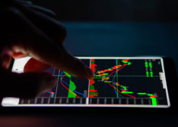 A person uses their finger to interact with a smartphone displaying colorful financial candlestick charts, indicating active stock trading or cryptocurrency market data on a dark background. | FintechZoom