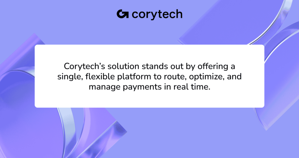 Corytech logo above a white box with text highlighting its solution as a flexible payments platform to route, optimize, and manage transactions in real time, set against a purple abstract background. | FintechZoom