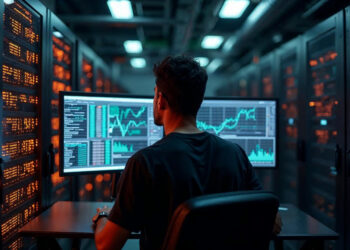 A person sits at a desk in a dimly lit server room, Banking on Intelligence as they analyze graphs and data on dual computer monitors surrounded by racks of illuminated servers. | FintechZoom
