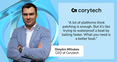A man in a gray suit stands with arms crossed next to the Corytech logo and a quote about platform patching and payments. Text identifies him as Dmytro Miliukov, CEO of Corytech, against a blue abstract background. | FintechZoom