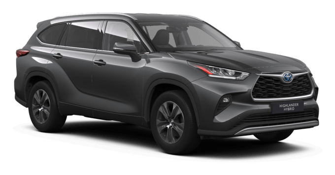 A dark gray Toyota Highlander Hybrid SUV, viewed from the front-left angle, showcasing its modern SUV design, large headlights, and sleek body lines. | FintechZoom