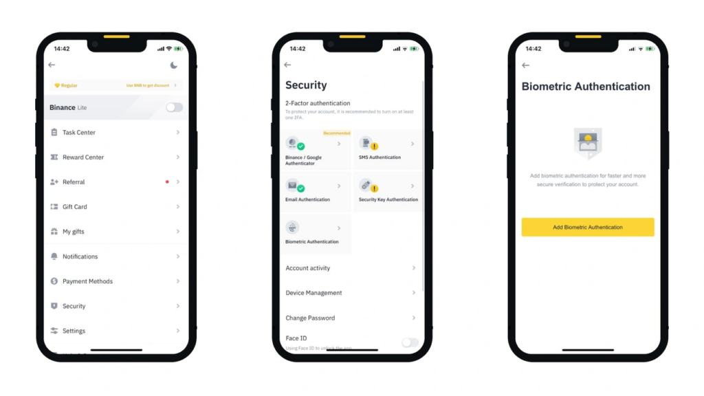 Three smartphone screens display the Binance app: the main menu, crypto security settings featuring 2-factor authentication options, and a biometric authentication setup with a yellow "Add Authentication" button. | FintechZoom