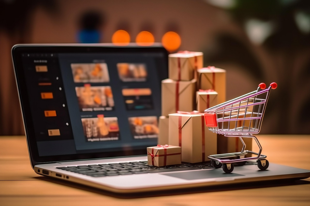 A miniature shopping cart and stacked gift boxes sit on a laptop keyboard, with an online shopping website displayed on the screen—capturing the essence of dropshipping in today's digital marketplace. | FintechZoom