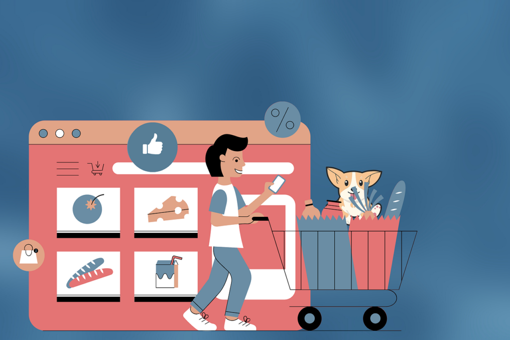 A person pushes a shopping cart filled with groceries and a dog while looking at their phone, in front of a large online shopping website screen showcasing dropshipping products and social media symbols. | FintechZoom