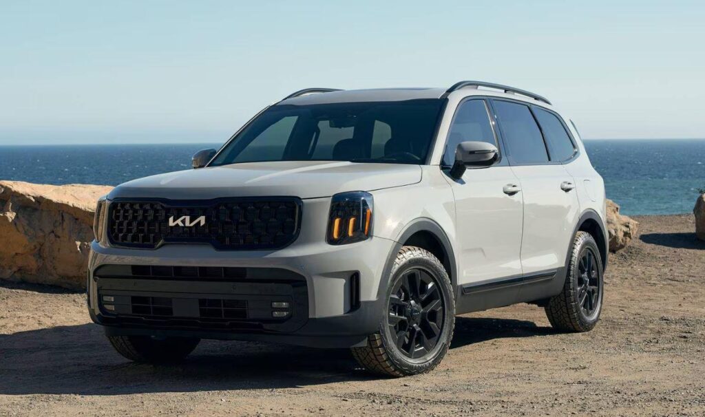 A KIA Telluride light gray SUV is parked on a coastal road, with large rocks nearby and the ocean stretching out in the background beneath a clear sky. | FintechZoom