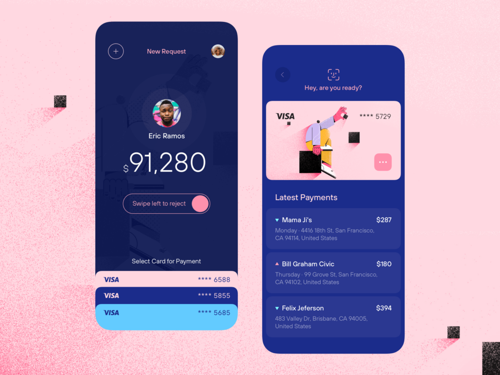 Two mobile app screens show a payment request interface—ideal for the Creator Economy. The left screen displays a profile, balance, payment request, and card options. The right shows a bank card image and recent payments with amounts and locations. | FintechZoom