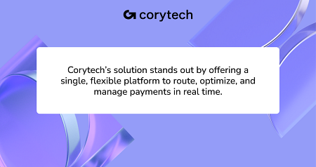 Corytech logo above a white box with the text, “Corytech’s payments solution stands out by offering a single, flexible platform to route, optimize, and manage payments in real time,” on a purple abstract background. | FintechZoom
