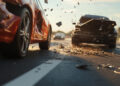 A close-up of a car crash on a road, showing flying debris as a black car rear-ends a red car. Both vehicles are damaged, with sunlight and other blurred cars visible in the background. | FintechZoom