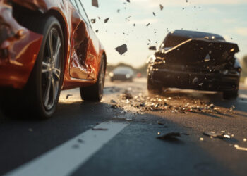 A close-up of a car crash on a road, showing flying debris as a black car rear-ends a red car. Both vehicles are damaged, with sunlight and other blurred cars visible in the background. | FintechZoom