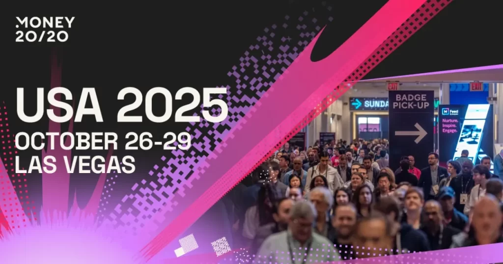 A large crowd walks through a conference hall under a sign reading "BADGE PICK-UP." Overlay text announces "USA 2025, October 26-29, Las Vegas" for the Money 20/20 event, with pink and black digital graphic elements. | FintechZoom