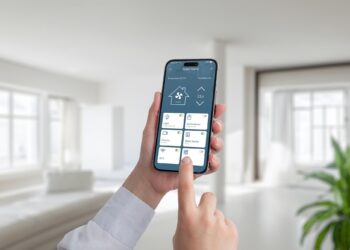 A hand uses a smartphone to control smart home features in a bright, modern living room.