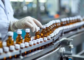 A worker in gloves inspects brown glass bottles with white caps on a conveyor belt in a pharmaceutical lab.