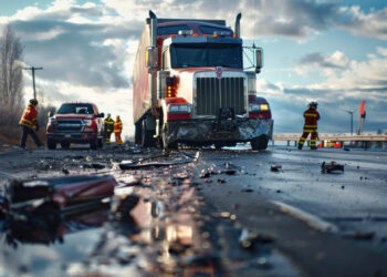 A damaged semi-truck and emergency responders are at the scene of a highway accident with debris scattered on the wet road under a partly cloudy sky. | FintechZoom