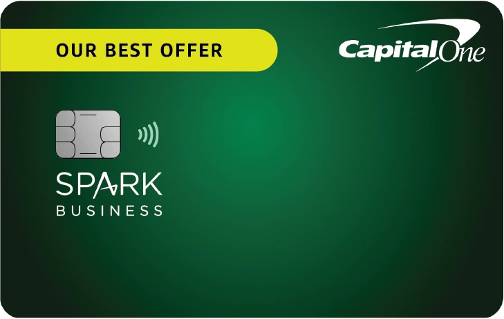A green Capital One credit card ad with "OUR BEST OFFER" in a yellow banner, the Capital One logo, and the Spark Business card image featuring a chip and contactless symbol highlights top Business Credit Cards. | FintechZoom