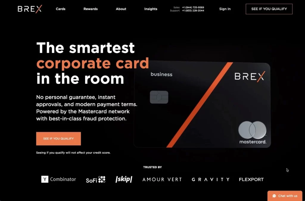 A digital ad for Brex shows a black Business Credit Card Mastercard with orange stripes. Text reads, "The smartest corporate card in the room," highlighting instant approvals and fraud protection. Logos of trusted companies appear below. | FintechZoom