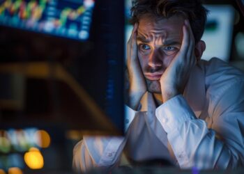 A worried man in a white shirt stares at computer screens displaying financial charts and data.