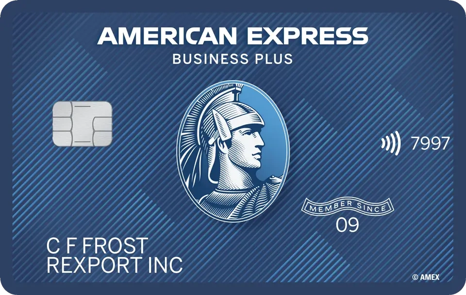 Blue American Express Business Plus credit card featuring a silver chip, contactless icon, centurion logo, and embossed text with the cardholder "C F FROST," business name, and "Member Since 09." Ideal for those seeking top Business Credit Cards. | FintechZoom