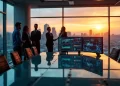 A modern conference room with large windows shows a sunset city view. Several businesspeople stand talking in the background. In the foreground, two monitors display graphs and financial data on a glass table. | FintechZoom