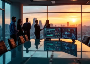 A modern conference room with large windows shows a sunset city view. Several businesspeople stand talking in the background. In the foreground, two monitors display graphs and financial data on a glass table. | FintechZoom
