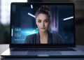 A laptop screen displays a woman with dark hair in a bun, wearing a blazer, looking at the camera during a video call. Futuristic interface graphics and text appear beside her. A white cup is on the table next to the laptop. | FintechZoom