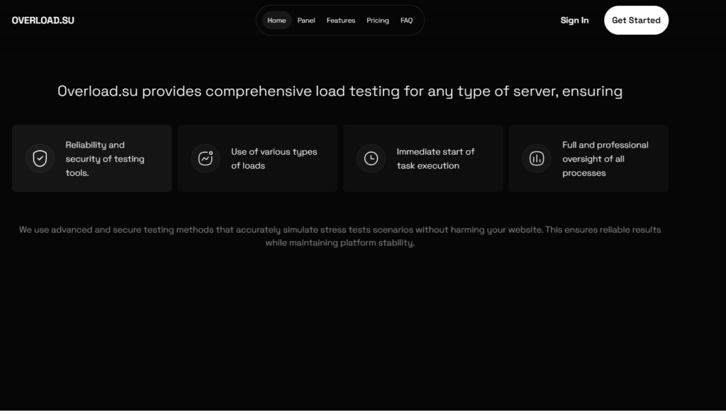A dark-themed website homepage for Overload.su highlights load testing services, featuring four benefits: reliability, various load types, immediate execution, and professional oversight, with navigation and sign-in options at the top. | FintechZoom