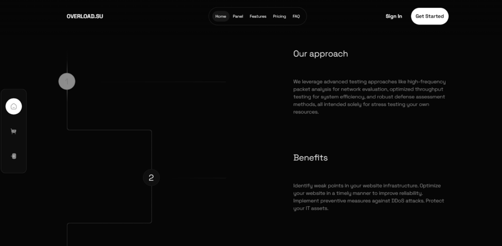 A dark-themed website section displays steps on the left, with "Our approach" and "Benefits" descriptions about advanced website testing and DDoS protection on the right. Menu and sign-in options appear at the top. | FintechZoom