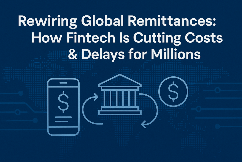 White text on a blue background reads “Rewiring Global Remittances: How Fintech Is Cutting Costs & Delays for Millions,” above icons of a smartphone, a bank, and a dollar sign, with arrows showing seamless digital fintech money transfer. | FintechZoom