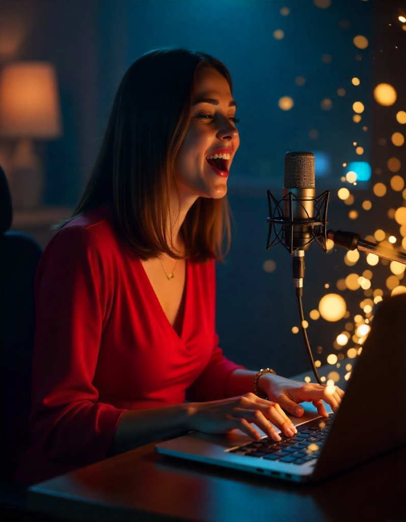 A woman in a red dress smiles and sings into a microphone while typing on a laptop, using blockchain to earn crypto for her songs amid warm glowing lights in a lively, dimly lit room. | FintechZoom