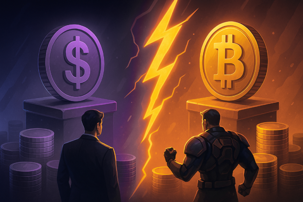 Two men face off, each before a pedestal with a currency symbol—dollar in purple, bitcoin in gold—divided by a lightning bolt, capturing the financial competition at the heart of an exciting crypto presale. | FintechZoom