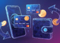 A digital illustration of a smartphone, credit cards, coins, and a wallet, all made of blue geometric lines, with arrows indicating electronic money transfer between the devices and wallet. | FintechZoom