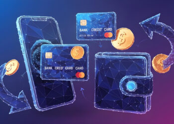 A digital illustration of a smartphone, credit cards, coins, and a wallet, all made of blue geometric lines, with arrows indicating electronic money transfer between the devices and wallet. | FintechZoom