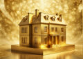 A grand, classic-style house rendered entirely in gold, set against a glowing, sparkling golden background that creates a luxurious and opulent atmosphere. | FintechZoom