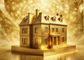 A grand, classic-style house rendered entirely in gold, set against a glowing, sparkling golden background that creates a luxurious and opulent atmosphere. | FintechZoom