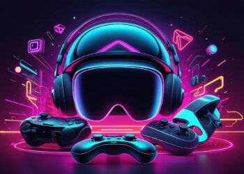 A futuristic illustration of gaming equipment, including a VR headset, headphones, and various game controllers, all glowing with neon blue and pink lights against a dark background with geometric shapes. | FintechZoom