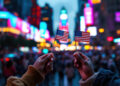Two hands hold small American flags in front of a bustling, brightly lit city scene at night, with colorful neon signs and a large crowd in the background. | FintechZoom