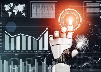 A robotic hand touches a glowing digital interface, surrounded by charts, graphs, network diagrams, and a world map, symbolizing technology, data analysis, and artificial intelligence. | FintechZoom