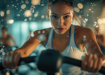 A woman in a white tank top intensely pedals a stationary bike in a gym, with sweat droplets in the air, highlighting her focus and physical effort during an indoor cycling workout. | FintechZoom