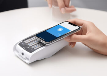 A person holds a smartphone over a payment terminal, making a contactless payment on a white table. Another hand holds a cup in the background. | FintechZoom