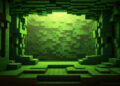 A cavernous room made of green, glowing cubic blocks, with steps and uneven surfaces leading to a bright, illuminated wall at the back, creating a digital or pixelated effect. | FintechZoom