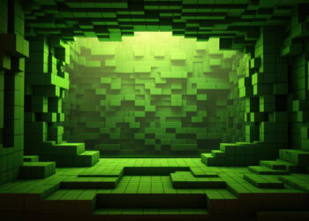 A cavernous room made of green, glowing cubic blocks, with steps and uneven surfaces leading to a bright, illuminated wall at the back, creating a digital or pixelated effect. | FintechZoom