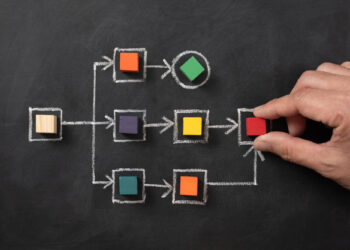 A hand places a red block onto a chalk-drawn flowchart on a blackboard, with colorful blocks representing steps and arrows indicating process direction. | FintechZoom
