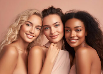 Three young women with different skin tones and hair types smile closely together against a soft peach background, showcasing natural beauty and glowing, healthy skin. | FintechZoom