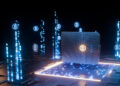 A digital wallet with a Bitcoin symbol is surrounded by glowing blue holographic Bitcoin icons and circuit-like patterns, representing cryptocurrency technology in a futuristic style. | FintechZoom