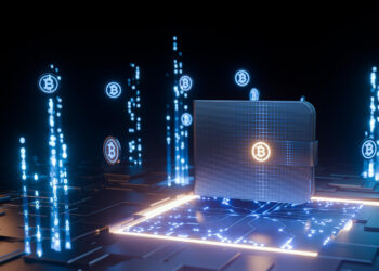 A digital wallet with a Bitcoin symbol is surrounded by glowing blue holographic Bitcoin icons and circuit-like patterns, representing cryptocurrency technology in a futuristic style. | FintechZoom